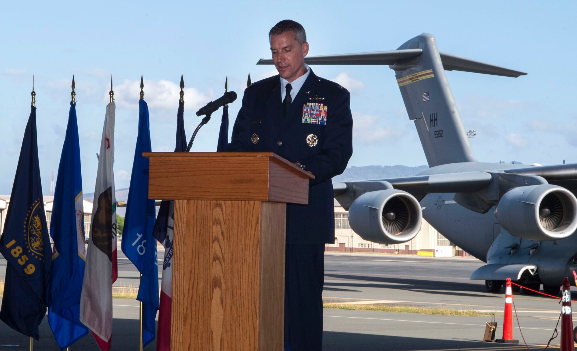 Lt. Col. Scott Berndt, 15th Operations Group commander, thanks the audience for attending the 15th Operations Group Assumption of Command Ceremony, at Joint Base Pearl Harbor-Hickam, Hawaii, June 18, 2019. The mission of the 15th OG is to build Airmen leaders who are trained and equipped to employ Pacific Airpower to great effects. (U.S. Air Force photo by Tech. Sgt. Heather Redman)