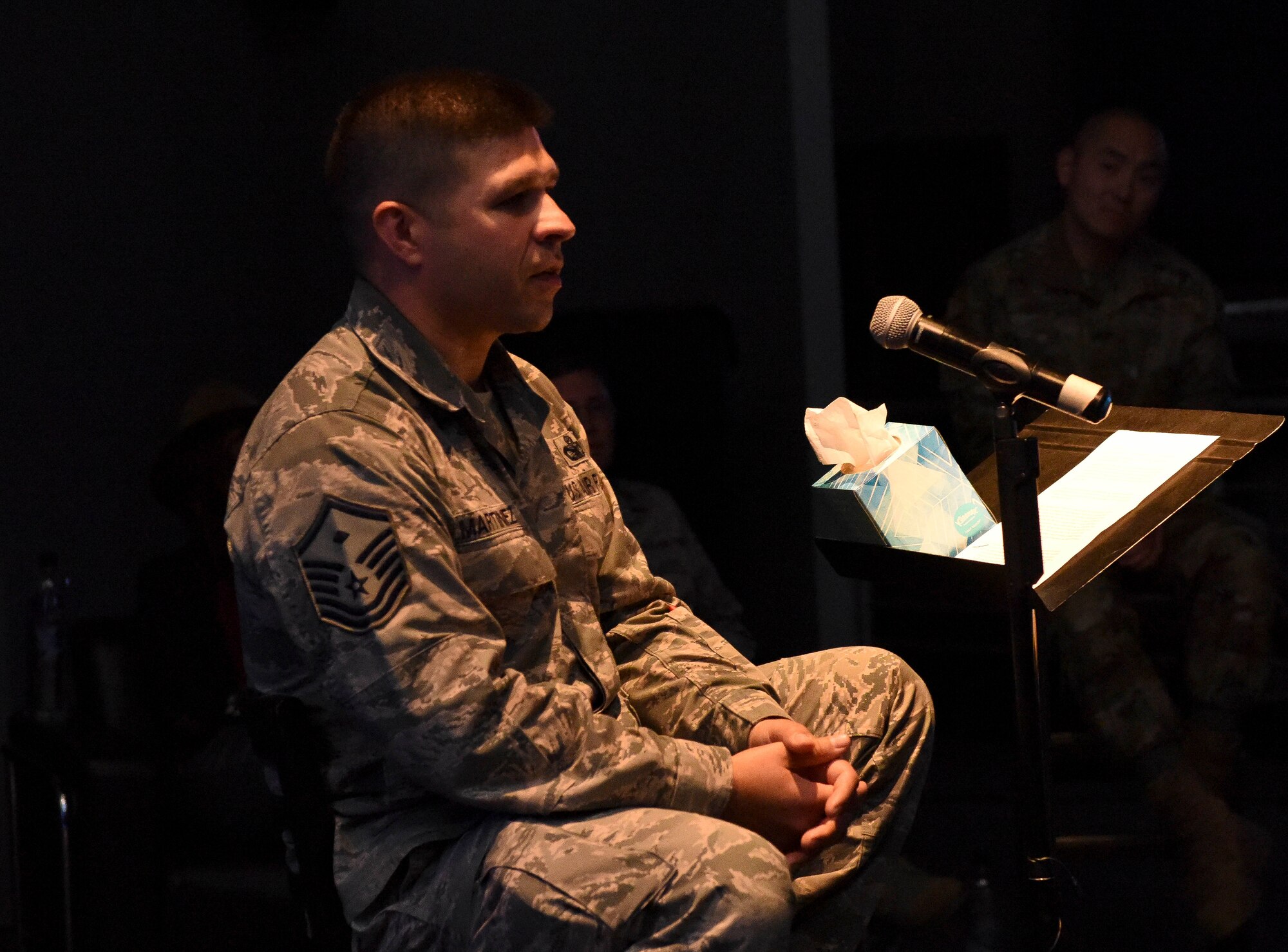 U.S. Air Force Master Sgt. Dean Martinez, 86th Civil Engineer Squadron first sergeant, explains how he overcame physical and emotional pain during a Storytellers event on Ramstein Air Base, Germany, June 20, 2019. At Storytellers, service shared how they suffered and overcame, and are now using their stories to benefit others.