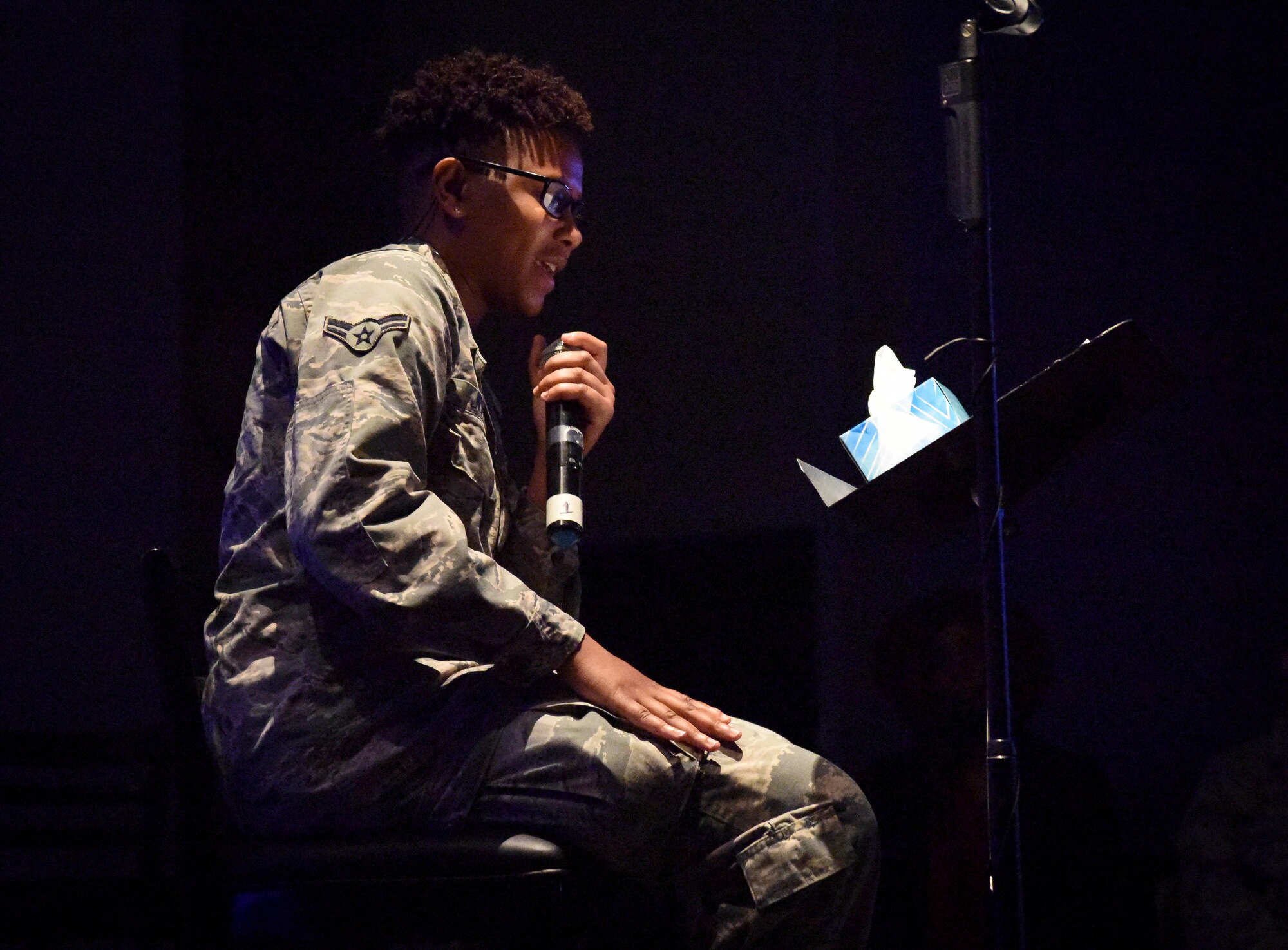 U.S. Air Force Airman 1st Class Khadijah Jones, 86th Medical Operations Squadron mental health technician, tells her story of overcoming adversity during a Storytellers event on Ramstein Air Base, Germany, June 20, 2019. Jones shared about how she struggled with lack of self-worth and the temptation of suicide, yet recovered and became a respected Airman and a leader in her community.