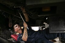 U.S. Marine Corps Cpl. Collin Lourie performs maintenance on a Medium Tactical Vehicle Replacement as part of a Maintenance Support Team on Camp Foster, Okinawa, Japan, June 18, 2019.  The purpose of an MST is to send a team of Marines from outside units to temporarily provide support to units who are in need of manpower in specific Military Occupational Specialties. Lourie, a native of Cambridge, New York, is an automotive maintenance technician with Combat Logistics Regiment 35, and was temporarily assigned to an MST to assist Marine Wing Support Squadron 172. (U.S. Marine Corps photo by Sgt. Hailey D. Clay)