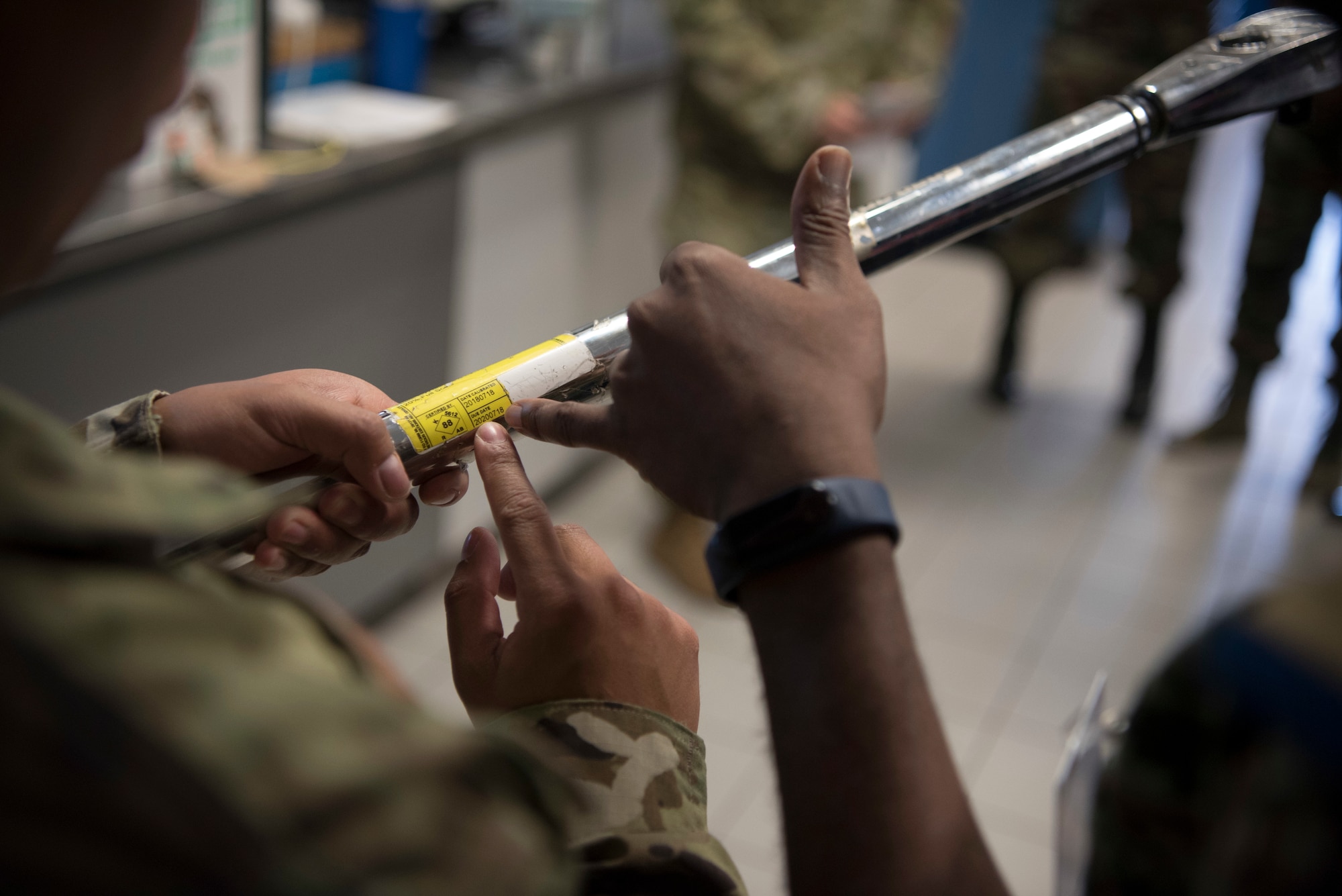 (left) A U.S. Air Force, 86th Aircraft Maintenance Squadron, service member shows a foreign air force delegate the return date on one of the many tools used to service the C-130J Super Hercules’ the 86th AMXS works on Ramstein Air Base, Germany, June 19, 2019. Approximately 40 air force delegates from eight nations toured the 86th AMXS facility in part of the African-European Partnership Flight. (U.S. Air Force photo by Senior Airman Kristof J. Rixmann)
