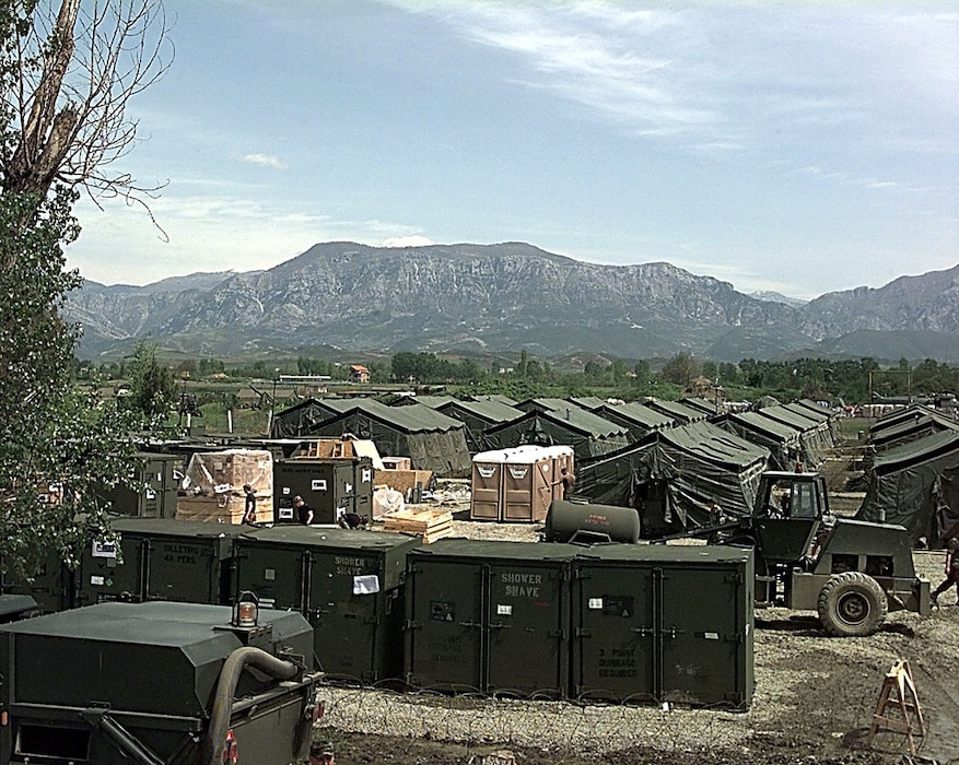 A U.S. encampment is set up at Tirana, Albania in support of Operation Shining Hope, April 15, 1999. U.S. Air Force personnel, including 25 medical personnel, deployed to support the humanitarian operation. (U.S. Air Force photo Staff Sgt. Efrain Gonzalez)