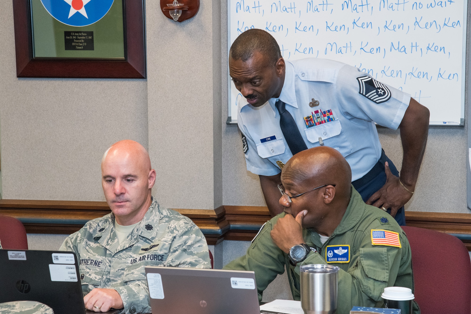 Retired Senior Master Sgt. James Core III, an Air Force Junior ROTC instructor at Cypress Ridge High School, Houston, Texas, assists new instructors, June 20, during the Air Force Junior ROTC Instructor Certification Course held at the Air Force Senior NCO Academy at Maxwell-Gunter Air Force Base, Alabama, June 12-21, 2019. Core was named the 2019 Air Force Junior ROTC Instructor of the Year, Aerospace Science Instructor category. (U.S. Air Force photo by William Birchfield)