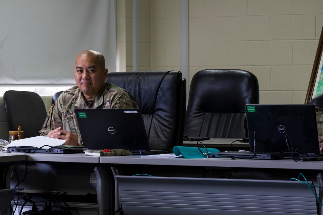 U.S. Army Reserve Soldiers with the 335th Signal Command (Theater) watch a video during a Casualty Notification and Assistance Course at the headquarters in East Point, Georgia, June 11, 2019.