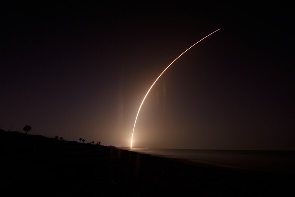 SpaceX’s Falcon Heavy STP-2 launched June 25, 2019, at Cape Canaveral Air Force Station, Fla. The STP-2 was the first Falcon Heavy launch with an official Department of Defense mission and payload; the payload included satellites from the National Aeronautics and Space Administration (NASA), several universities and even the cremated remains of more than 150 humans, such as Apollo 11 astronaut Bill Pogue. (U.S. Air Force photo by Airman 1st Class Zoe Thacker)