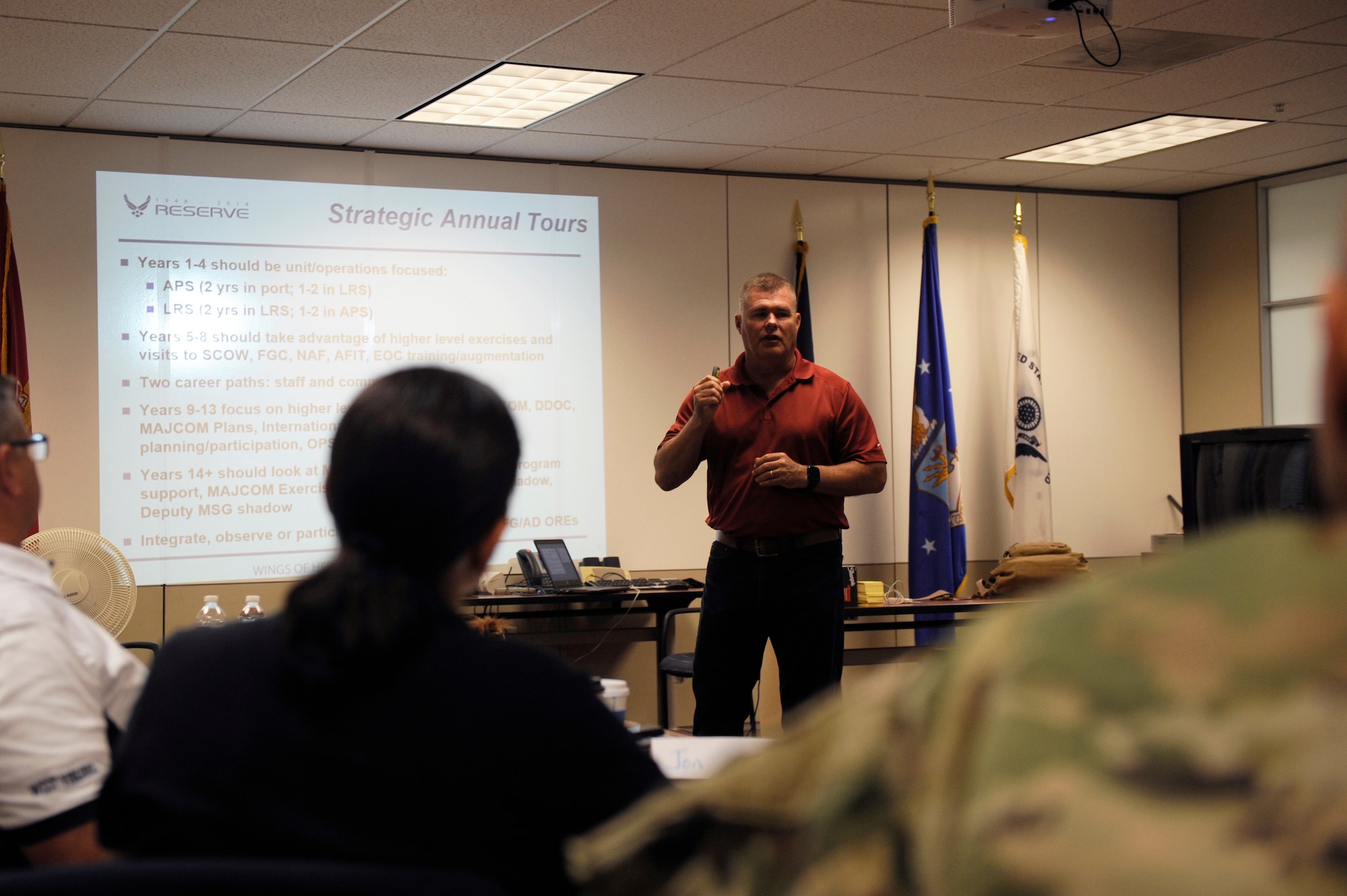 Lt. Col. Raymond Bradshaw, Air Force Reserve Command A4RF Branch Chief, engages members of a process improvement event, Westover Air Reserve Base, June 13, 2019.