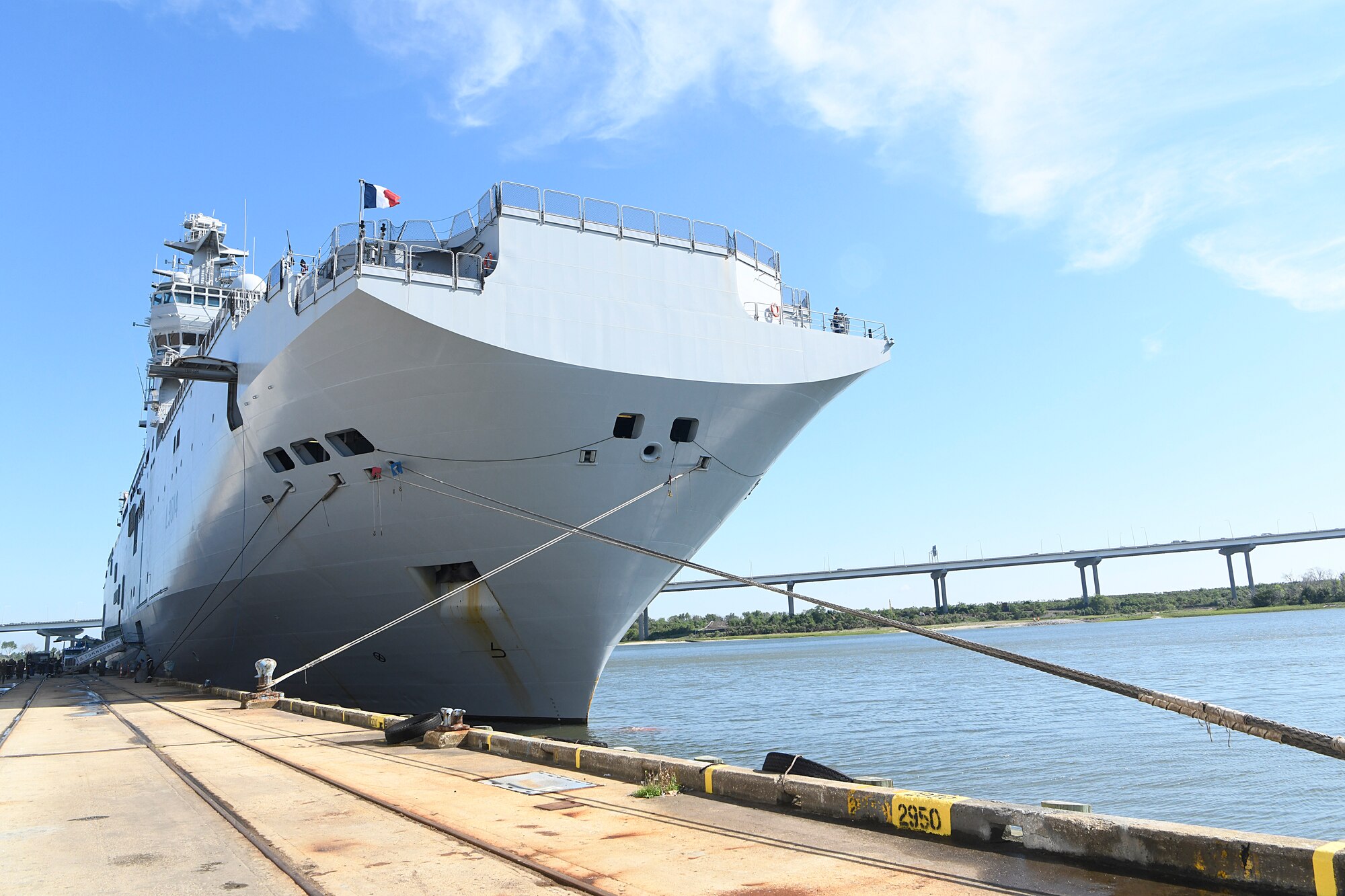 Marine Nationale (French Navy) Landing Helicopter Dock Tonnerre is docked at the Columbus Terminal Port as part of a deployment stopover June 21, 2019, in Charleston, S.C. U.S. Navy Cmdr. Patrick Sutton, Naval Support Activity Charleston executive officer and 628th Mission Support Group deputy commander, spoke with leaders of the LHD Tonnerre to ensure the crew received support during their stay in Charleston. Engagements such as this provide opportunities to strengthen partnerships between allies.