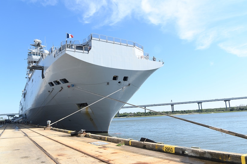Marine Nationale (French Navy) Landing Helicopter Dock Tonnerre is docked at the Columbus Terminal Port as part of a deployment stopover June 21, 2019, in Charleston, S.C. U.S. Navy Cmdr. Patrick Sutton, Naval Support Activity Charleston executive officer and 628th Mission Support Group deputy commander, spoke with leaders of the LHD Tonnerre to ensure the crew received support during their stay in Charleston. Engagements such as this provide opportunities to strengthen partnerships between allies.
