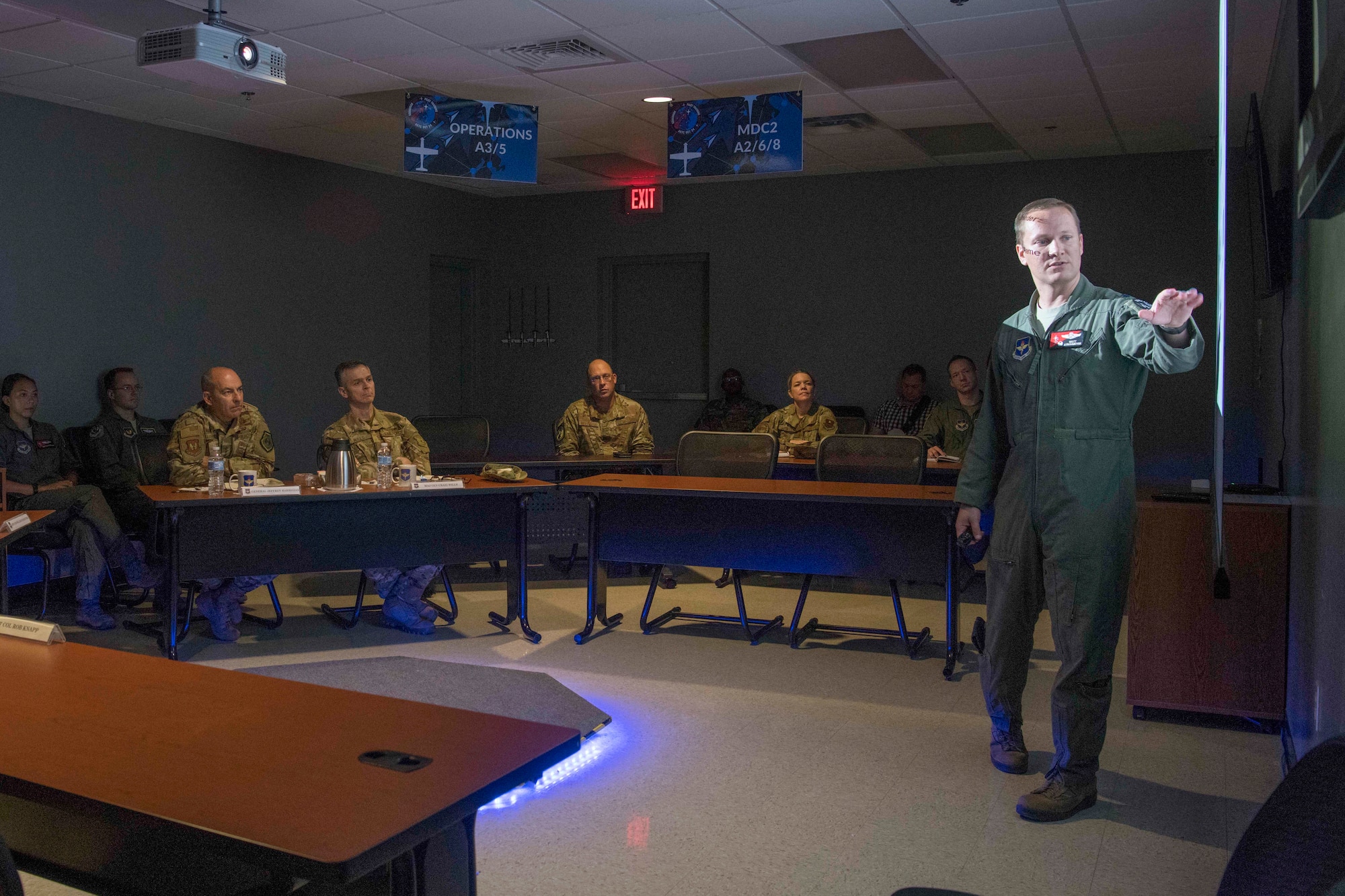 Lt. Col. Matthew Strohmeyer, Detachment 24 commander, briefs Gen. Jeffrey L. Harrigian, United States Air Forces Europe and United States Air Forces Africa commander, on the establishment of a resilient mesh network and its capabilities, during a visit to Detachment 24 at Joint Base San Antonio-Randolph, Texas, June 24, 2019.  Det. 24 will utilize Learning Next initiatives to examine how Air Education and Training Command members have historically trained Airmen and then will identify potential solutions to modernize flying and technical training pipelines, and training practices across various communities to produce qualified Airmen in a learning-focused manner. (U.S. Air Force photo by Sabrina Fine)