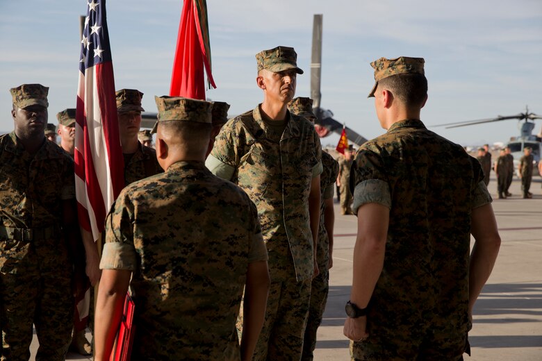 U.S. Marine Corps Sgt.Maj. Brian D. Olea, the outgoing Sergeant Major, receives an award during the Marine Operational Test and Evaluation Squadron (VMX) one Relief and Appointment Ceremony at Marine Corps Air Station Yuma Ariz., June 6, 2019. Sgt.Maj. Olea served with VMX-1 honorably for three years, ensuring that Marines assigned to the squadron performed their duties while continuously building unit morale.  (U.S. Marine Corps photo by Cpl. Joel Soriano)