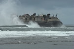 A U.S. Navy (Landing Craft Air Cushion) LCAC-75 comes ashore at the Sunset Beach are near Warrenton, Oregon, June 3, 2019. In addition to the beach landings by the hovercraft vehicles, community leaders, emergency managers, military officials and other first responders toured the USS Anchorage to learn more about the Navy capabilities to assist in mass casualty scenarios.