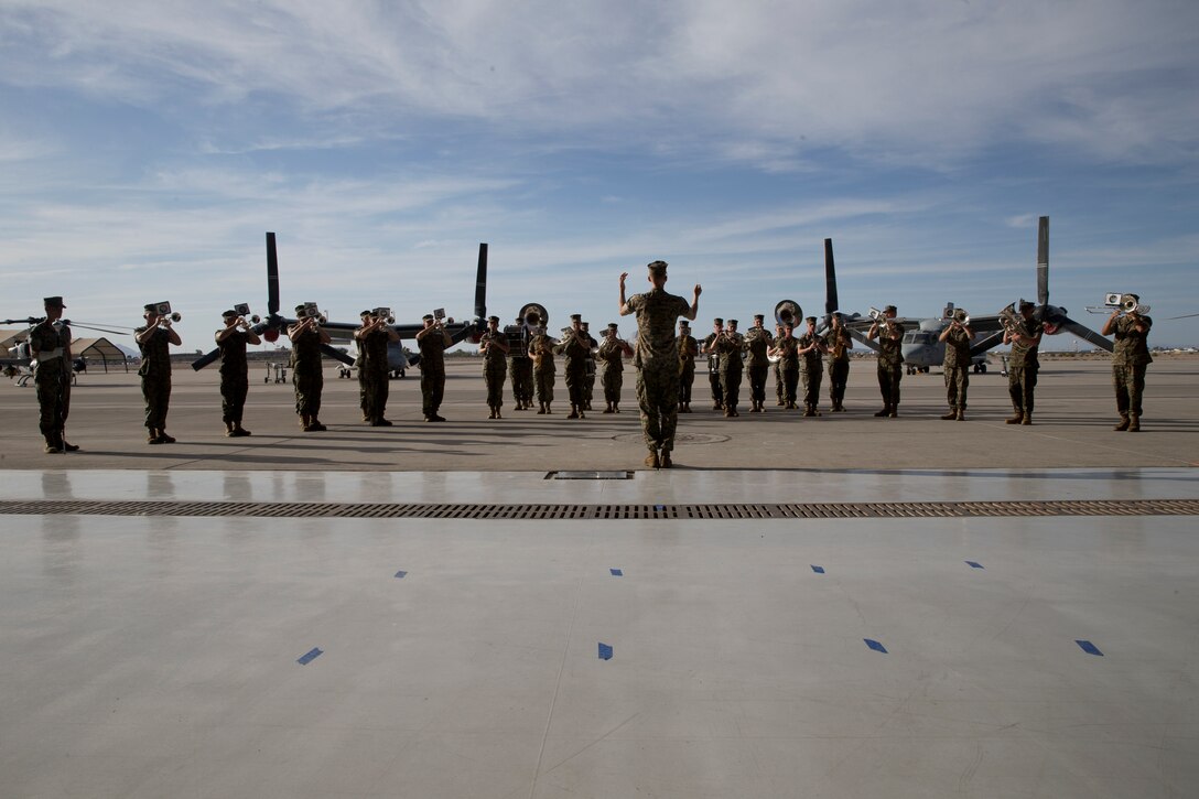 U.S. Marines with the 3rd Marine Aircraft Wing Band perform during SgtMaj. Brian D. Olea’s Relief and Appointment ceremony at Marine Corps Air Station Yuma Ariz., June 6, 2019. The Relief and Appointment Ceremony is an honored product of the rich heritage of Naval tradition. The heart of the ceremony is the passing of the NCO Sword by the Activity Commander from the outgoing Sergeant Major to the new Sergeant Major which signifies the transfer of responsibility, accountability, and authority, from one individual to another. (U.S. Marine Corps photo by Cpl. Joel Soriano)