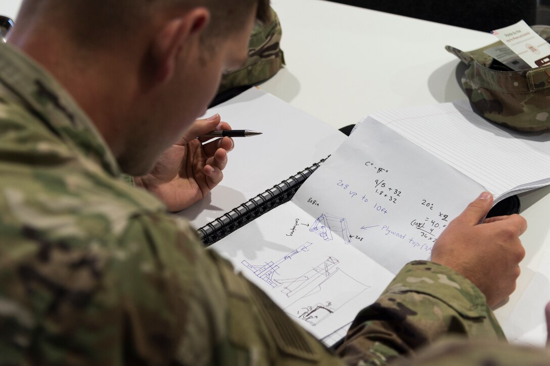 An Airman from the 23d Civil Engineer Squadron calculates dimensions for a bridge, May 31, 2019, in Sainte-Mère-Église, France. The engineers provided structural support for the Commemoration of D-Day 75 by repairing and building bridges that were used to access hard-to-reach areas of a parachute drop zone. As part of the commemoration, parachutists from across the Department of Defense performed the same jumps their predecessors did on D-Day. (U.S. Air Force photo by Airman 1st Class Hayden Legg)