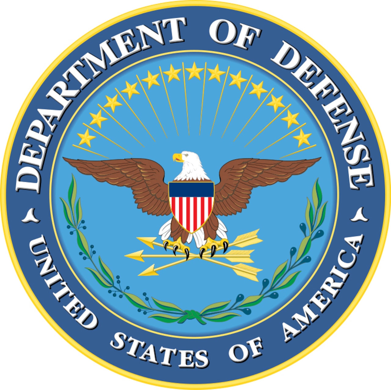 A circular seal with the words “Department of Defense — United States Government” around the perimeter. On the inside, an eagle has a red, white and blue shield across its chest.  It is perched on three arrows. Above are thirteen stars in a semicircle, and below are green leaves.