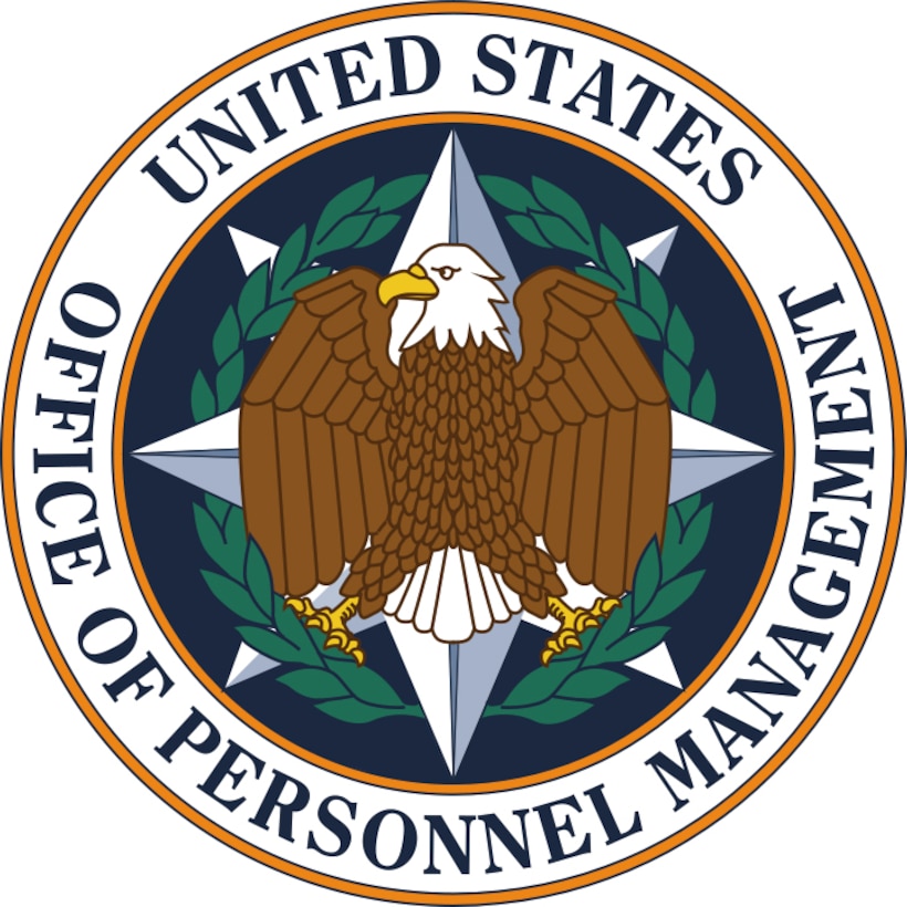 The Office of Personnel Management seal is a circle, with the words “United States — Office of Personnel Management” around the perimeter. On the inside, an eagle is in front of an eight-point star that is surrounded by leaves.