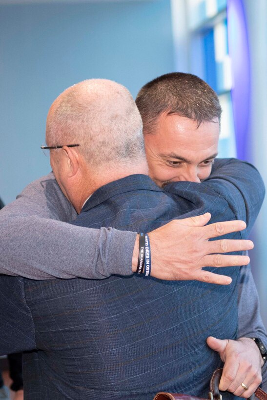 Zbynek Pavlacik, Jagello 2000 Association chairman, hugs retired U.S. Air Force Col. Dave Webb upon arriving in Shreveport, Louisiana, June 24, 2019.  Pavlacik, along with several other delegates from the Czech Republic and Slovakia, came to Shreveport and Barksdale Air Force Base to solidify relations with the 307th Bomb Wing. Webb was instrumental in first establishing strong ties between the unit and the two countries nearly a decade ago. The Jagello 2000 Association is a major Czech non-profit organization concentrating in the field of international security issues and the Czech Republic’s membership in the North Atlantic Treaty Organization. (U.S. Air Force photo by Master Sgt. Ted Daigle)