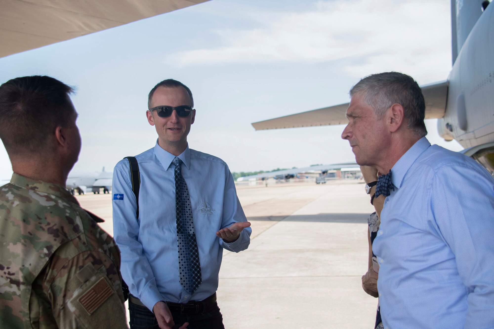 U.S. Air Force Col. Casey Cooley, 307th Maintenance Group commander, speaks with Petr Zlatohlavek, Jagello 2000 executive director, and Ivo Vondrak, Governor of Moravian Silesian Region, Czech Republic, during a B-52 Stratofortress tour at Barksdale Air Force Base, Louisiana, June 24, 2019.  Cooley and other current and former leaders of the 307th Bomb Wing helped to host nearly a dozen delegates from the Czech Rep. and Slovakia.  Ties between the two countries and the 307th BW go back nearly a decade when the unit began attending NATO Days, an airshow held in Ostrava, Czech Rep.. (U.S. Air Force photo by Master Sgt. Ted Daigle)