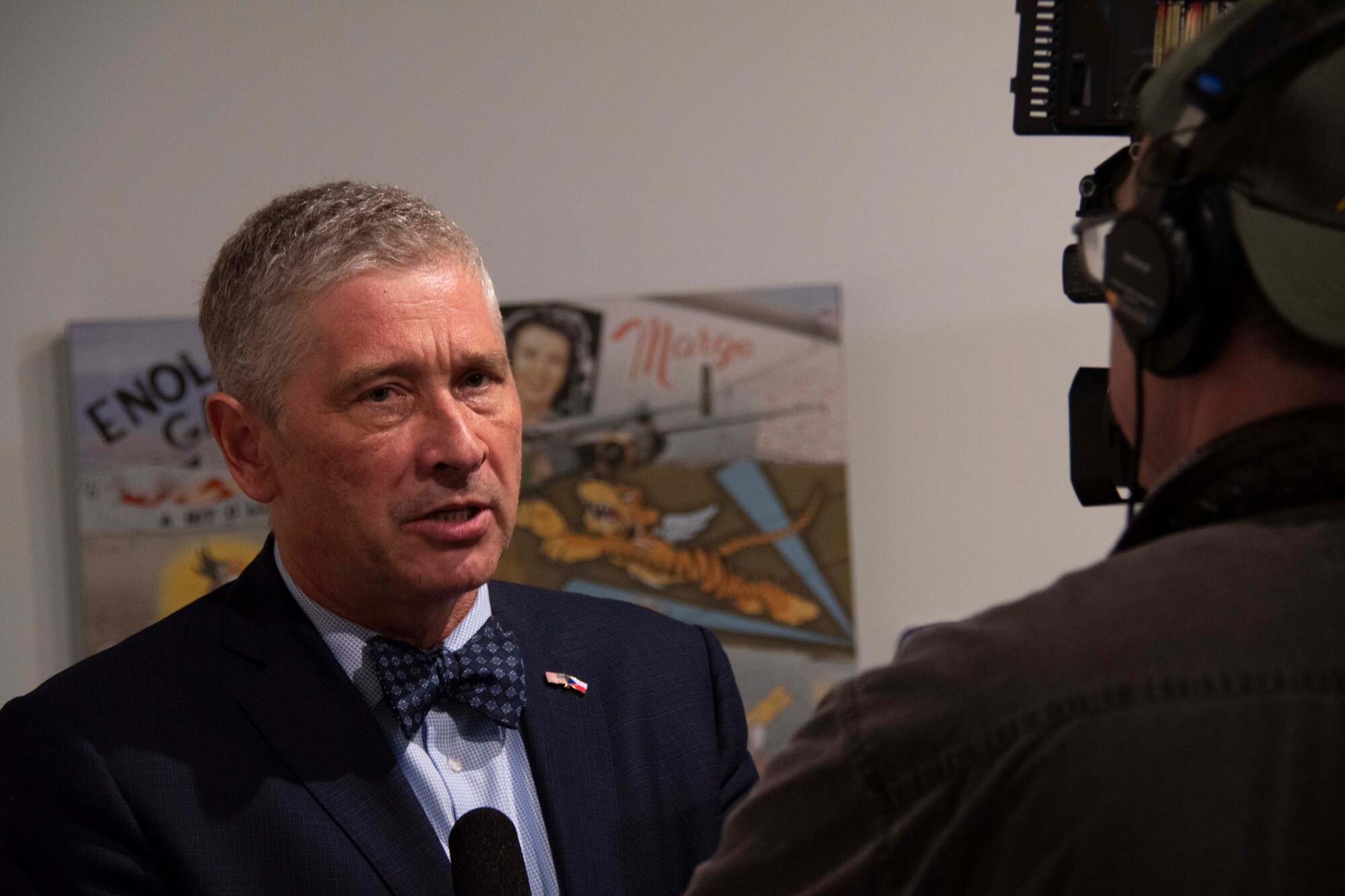 Ivo Vondrak, Governor of Moravian Silesian Region, Czech Republic, speaks with a member of the local media at Barksdale Air Force Base, Louisiana, June 24, 2019.  Vondrak was one of a dozen delegates from the Czech Rep. and Slovakia visiting nearby Shreveport and the 307th Bomb Wing. His region is home to Ostrava, Shreveport’s sister city.  It is also home to NATO Days, an annual airshow attended by the 307th BW for the last ten years. (U.S. Air Force photo by Master Sgt. Ted Daigle)