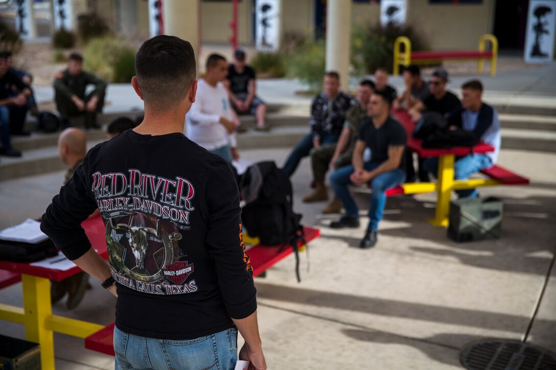 U.S. Marines with Marine Corps Air Station (MCAS) Yuma's Headquarters and Headquarters Squadron receive their monthly motorcycle safety brief at MCAS Yuma, Ariz., June 13, 2019. The Marine Corps is striving to improve the motorcycle mishap rate by ensuring all Marines have the appropriate motorcycle training.(U.S. Marine Corps photo by Lance Cpl John Hall)