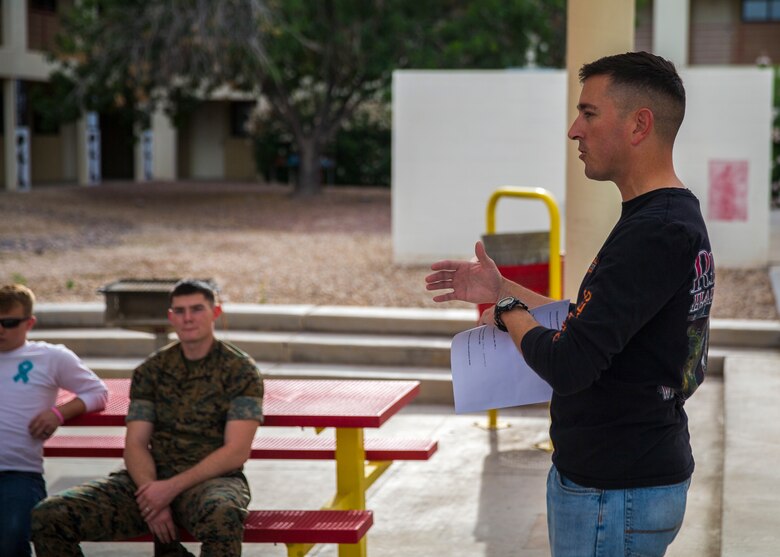 U.S. Marines with Marine Corps Air Station (MCAS) Yuma's Headquarters and Headquarters Squadron receive their monthly motorcycle safety brief at MCAS Yuma, Ariz., June 13, 2019. The Marine Corps is striving to improve the motorcycle mishap rate by ensuring all Marines have the appropriate motorcycle training.(U.S. Marine Corps photo by Lance Cpl John Hall)