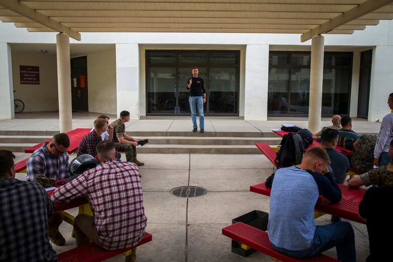 U.S. Marines with Marine Corps Air Station (MCAS) Yuma's Headquarters and Headquarters Squadron receive their monthly motorcycle safety brief at MCAS Yuma, Ariz., June 13, 2019. The Marine Corps is striving to improve the motorcycle mishap rate by ensuring all Marines have the appropriate motorcycle training.(U.S. Marine Corps photo by Lance Cpl John Hall)