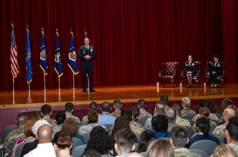 Maj. Gen. Brad Spacy, commander of the Air Force Installation and Mission Support Center, talks to those gathered for a special unit redesignation ceremony June 25, 2019, on Joint Base San Antonio-Lackland, Texas. During the ceremony, AFIMSC formerly redesignated the Air Force Installation Contracting Agency as the Air Force Installation Contracting Center, and the Air Force Services Activity as the Air Force Services Center. The redesignation of the two primary subordinate units brings them in line with Air Force naming conventions. (U.S. Air Force photo by Johnny Saldivar)