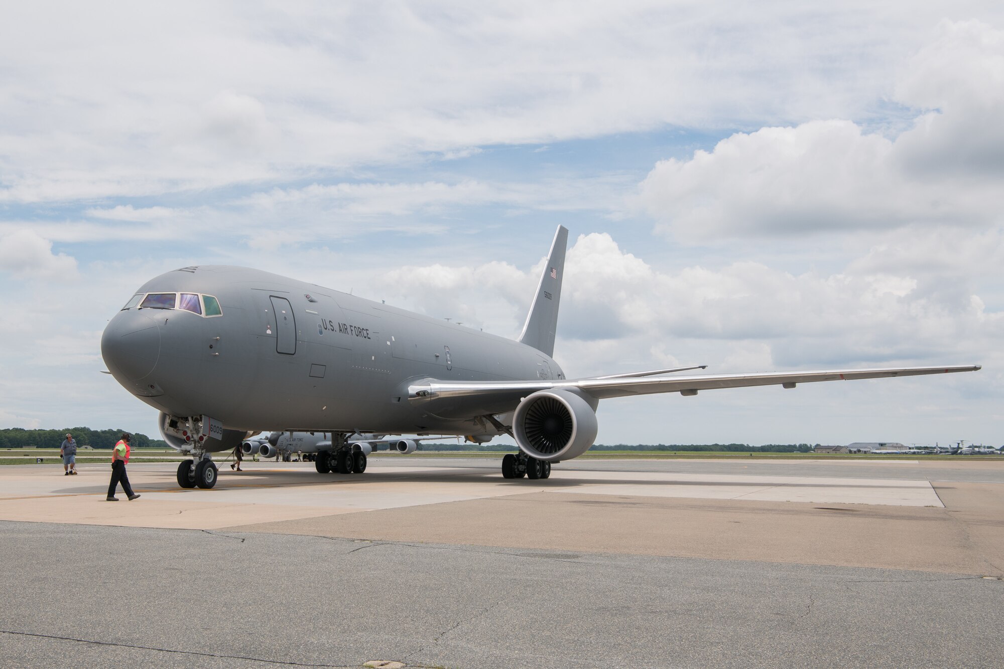 A KC-46A Pegasus belonging to the 344th Air Refueling Squadron sits on the flight line June 25, 2019, at Dover Air Force Base, Del. The crew flew in from Europe, where the aircraft made its international debut at the 2019 Paris Air Show and began initial operational tests and evaluations on the aircraft. (U.S. Air Force Photo by Mauricio Campino)