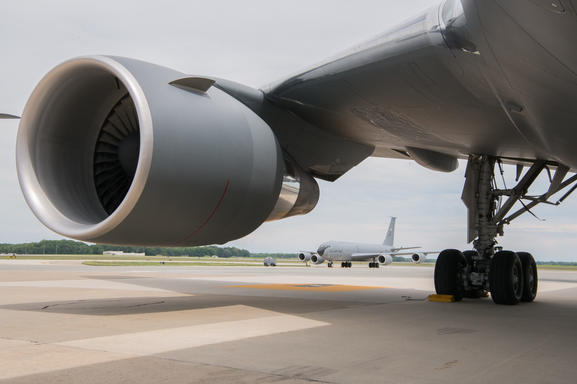 A KC-46A Pegasus belonging to the 344th Air Refueling Squadron sits on the flight line with a KC-135 behind it June 25, 2019, at Dover Air Force Base, Del. The Air Force plans to replace 179 of its more than 450 tanker aircraft with the KC-46A. (U.S. Air Force Photo by Mauricio Campino)