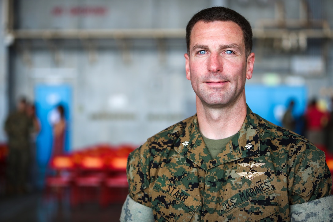 U.S. Marine Corps Lt. Col. Eric Starr, commanding officer of Headquarters and Headquarters Squadron (H&HS), poses for a photo June 21, 2019 at Marine Corps Air Station Futenma, Okinawa, Japan.  Starr participated in a change of command ceremony to assume responsibilities as the oncoming Commanding Officer of H&HS. (U.S. Marine Corps photo by Lance Cpl. Savannah Mesimer)