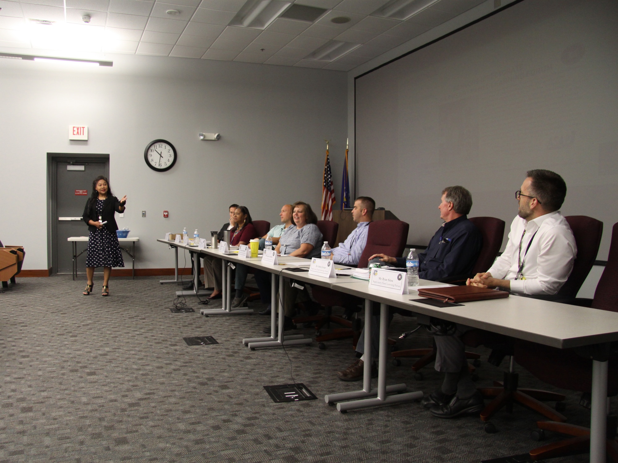 Left to right, Dr. Simone Koram, Air Force Research Laboratory’s Enterprise Learning Officer, talks with AFRL’s Supervisory Acculturation Program graduates Robert Neuroth, Lolita Mitchell, Craig Erford, Stacie Smithturner, Andrew Hamilton, Dr. John Cetnar and Ryan Sites. (Contributed photo)