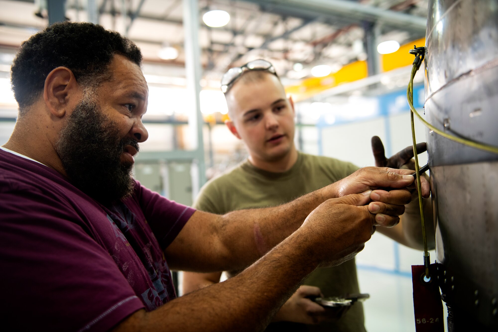 Aerospace technicians, assigned to the 48th Component Maintenance Squadron Propulsion Flight, perform routine maintenance on aircraft parts at Royal Air Force Lakenheath, England, June 20, 2019. The 48th CMS performs maintenance for equipment used on F-15C Eagles, F-15D Eagles and F-15E Strike Eagles assisting in the accomplishment of U.S. Africa Command, Central Command, European Command, NATO and U.S. Air Force in Europe - Air Forces Africa commitments and taskings. (U.S. Air Force photo by Senior Airman Malcolm Mayfield)