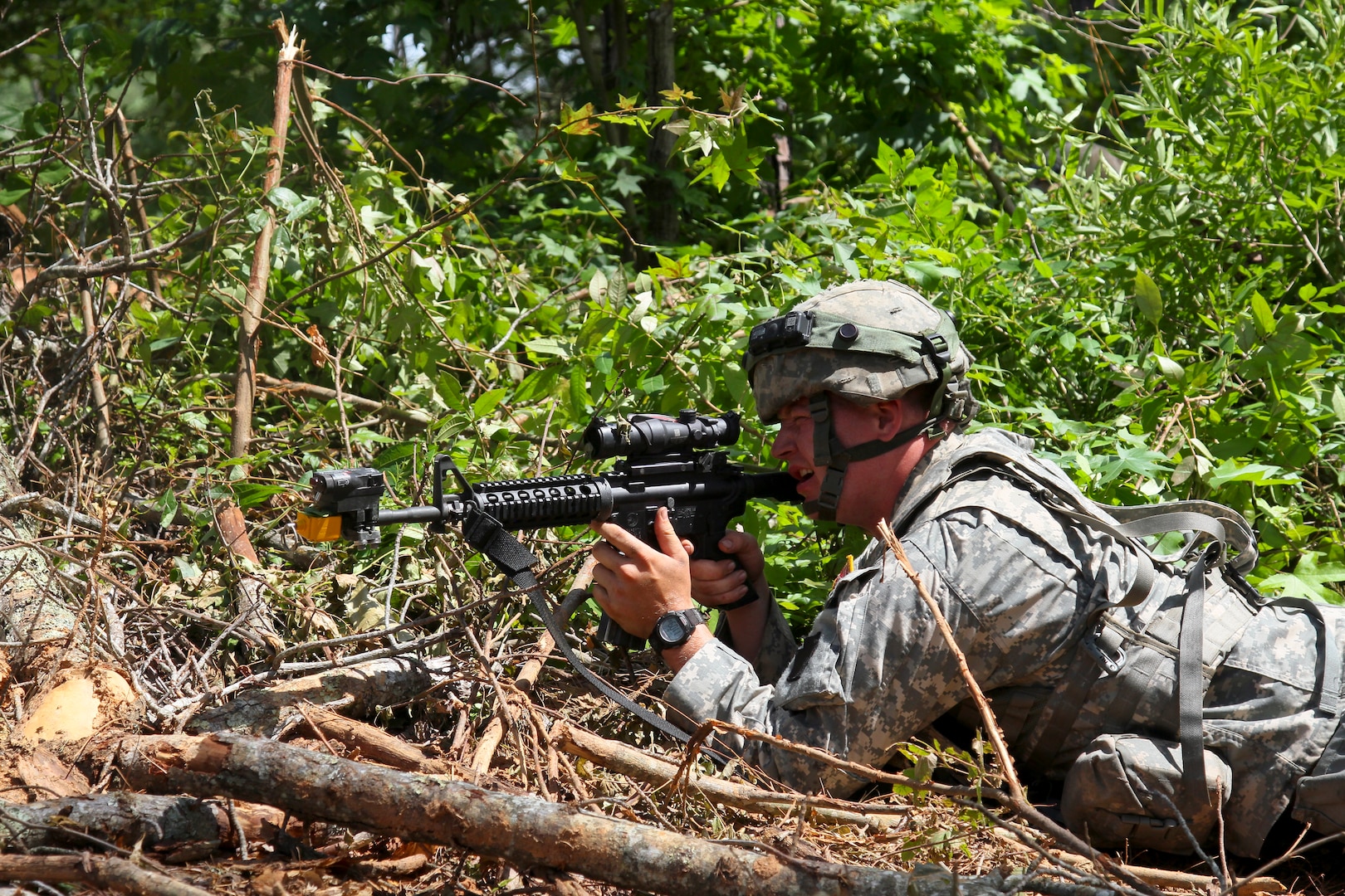 A Pennsylvania National Guard Soldier from A Company, 128th Brigade Support Battalion, 2nd Brigade, 28th Infantry Division, maintain security after a probing attack by opposing force soldiers during eXportable Combat Training Capability 19-02 at Fort Pickett, Va. on June 18, 2019.