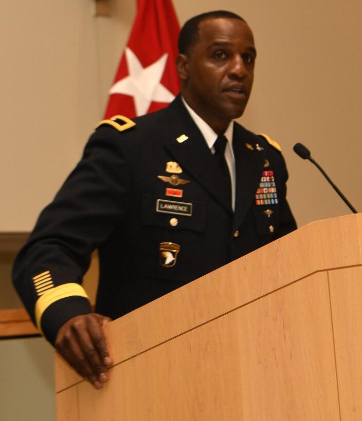 DLA Troop Support Commander Army Brig. Gen. Gavin Lawrence addresses the workforce, his family and distinguished visitors after his official assumption of command June 25, 2019 in Philadelphia.
