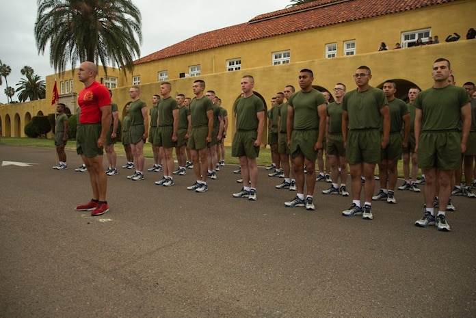 The new Marines of Charlie Company,1st Recruit Training Battalion, conduct a motivational run at Marine Corps Recruit Depot San Diego, June 20