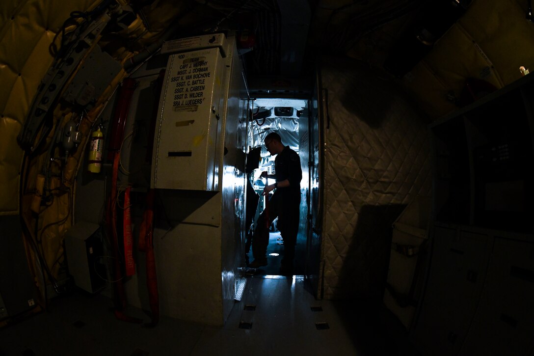 U.S. Air Force Staff Sgt. Ryan Kemp, 351st Air Refueling Squadron boom operator, performs a pre-flight inspection during Exercise Baltic Operations, at RAF Mildenhall, England, June 19, 2019. The BALTOPS Exercise is the premier annual maritime-focused exercise in the Baltic Region. (U.S. Air Force photo by Senior Airman Alexandria Lee)