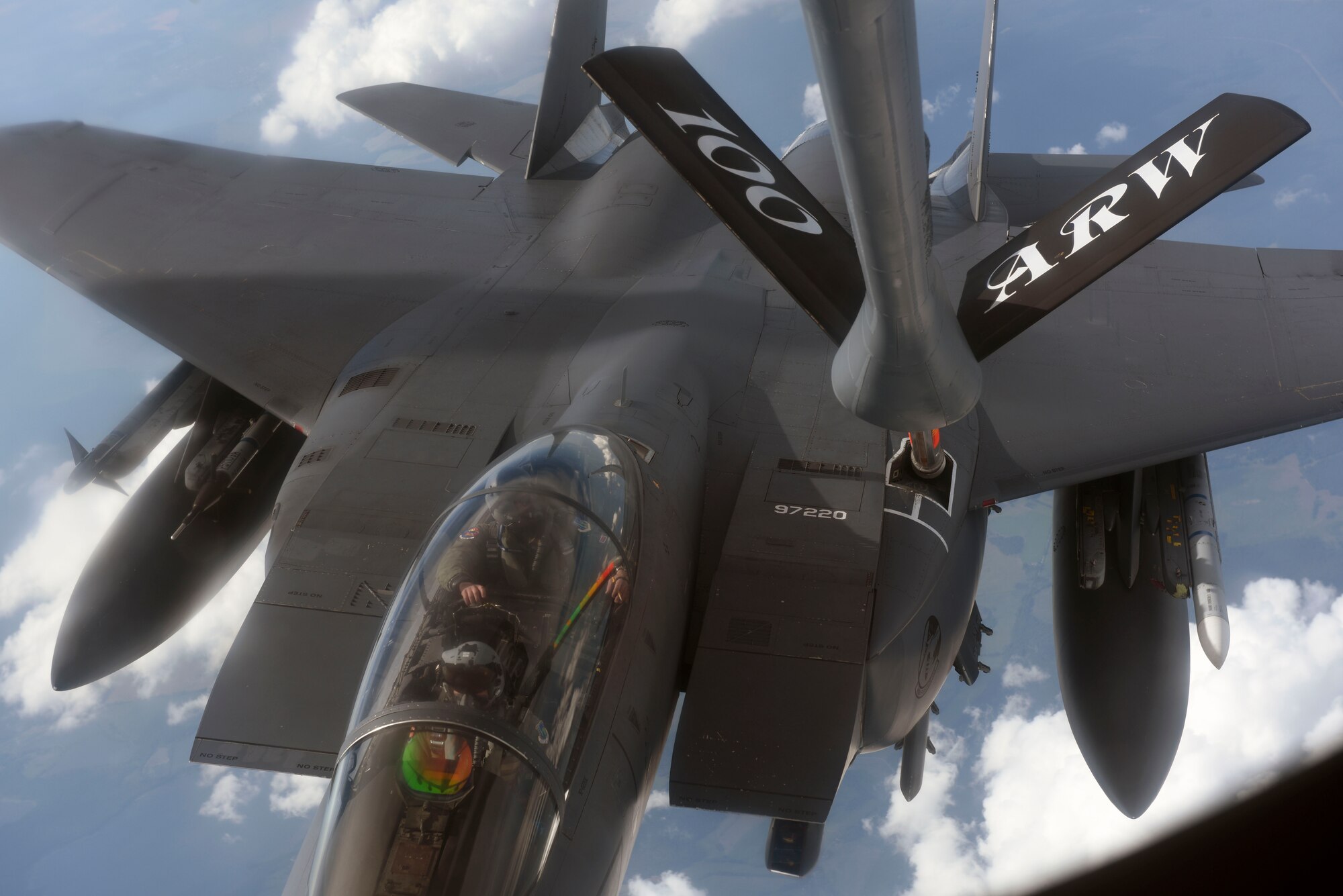 A U.S. Air Force F-15E Strike Eagle assigned to the 492nd Fighter Squadron at RAF Lakenheath, England, receives fuel over Germany from a KC-135 Stratotanker assigned to the 351st Air Refueling Squadron at RAF Mildenhall, England, June 19, 2019. The refueling was part of the annual Baltic Operations exercise which began in 1972 and is now in its 47th year. (U.S. Air Force photo by Airman 1st Class Joseph Barron)