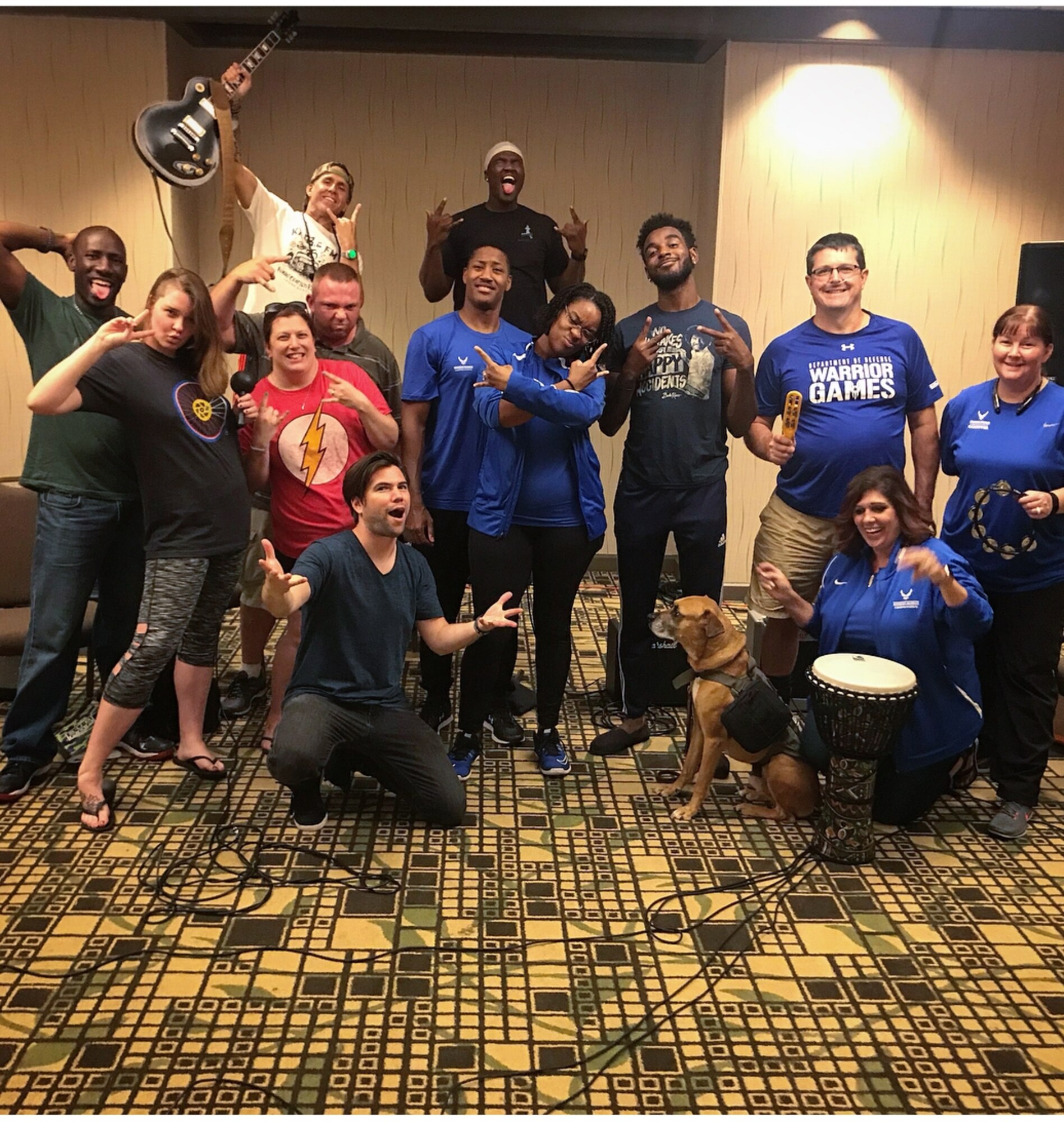 U.S. Air Force Staff Sgt. Patrick Sims, Wounded Warrior ambassador, poses after a song rehearsal at Offutt Air Force Base, Nebraska, July 27, 2018.