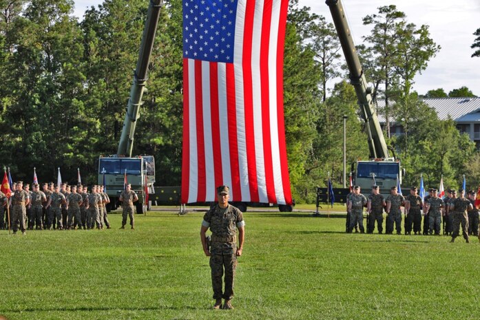 U.S. Marines with 8th Engineer Support Battalion celebrate the change of command on Camp Lejeune, North Carolina, June 19, 2019. During the ceremony Lt. Col. Patrick G. Manson relquished command to Lt. Col. Robert Gerbracht