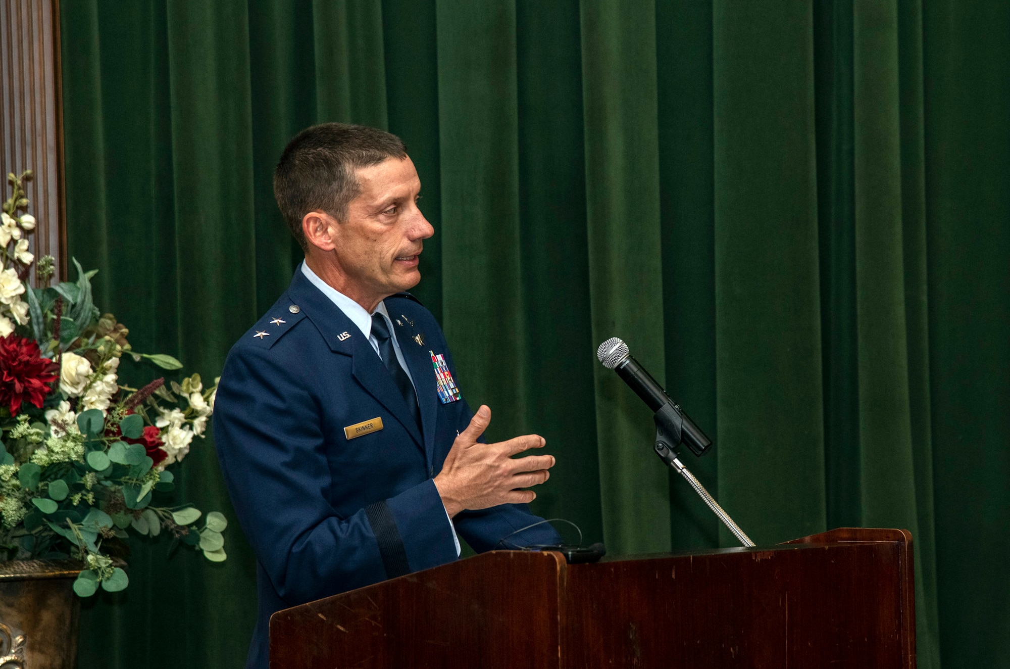 Maj. Gen. Robert Skinner, 24th Air Force commander, addresses attendees during the 688th Cyberspace Wing change of command ceremony at Joint Base San Antonio-Lackland, Texas, on June 25, 2019. Col. Steven Anderson took command of the 688th CW during the ceremony. (U.S. Air Force photo by Johnny Saldivar)