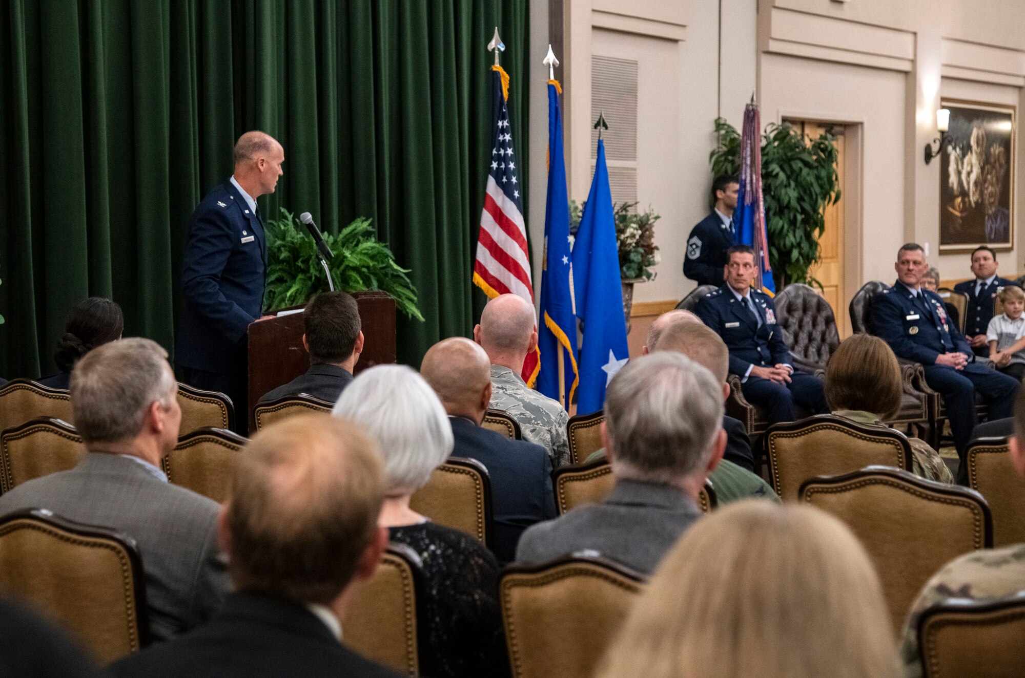 Col. Steven Anderson speaks to attendees after accepting command of the 688th Cyberspace Wing during the wing’s change of command ceremony at Joint Base San Antonio-Lackland, Texas, on June 25, 2019. Col. Eric DeLange relinquished command of the 688th CW during the ceremony. (U.S. Air Force photo by Johnny Saldivar)
