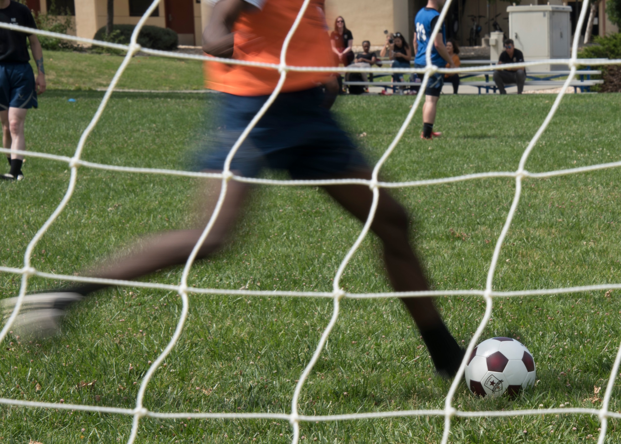 Team Travis Airmen and Sacramento Republic Football Club staff members play a match June 24, 2019, at Travis Air Force Base, California. The staff toured a C-5M Super Galaxy and learned about the Travis AFB mission ahead of their “Salute to Service Night.” (U.S. Air Force photo by Staff Sgt. Amber Carter)