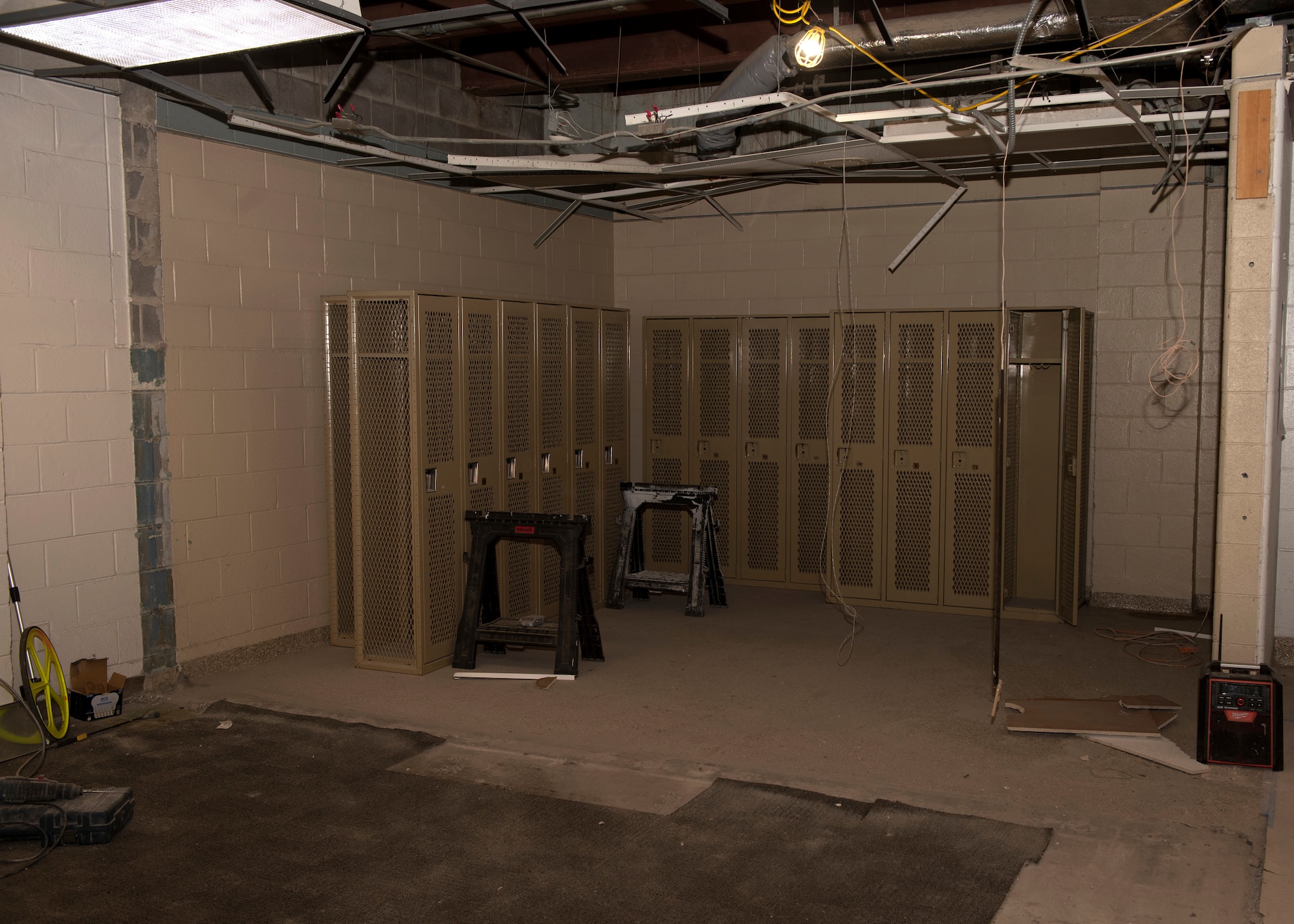 The men's locker room at the Whiteman Air Force Base, Missouri, Fitness Center stands demolished on June 20, 2019. The U.S. Army Corps of Engineers is leading the first major renovation to the Whiteman AFB fitness center since approximately 2002. (U.S. Air Force photo by Staff Sgt. Kayla White)