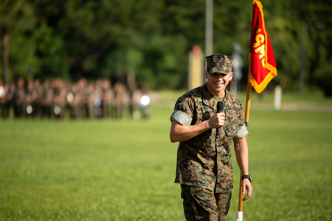 Lt. Col. Anthony A. Tilelli speaks during the Headquarters and Headquarters Squadron change of command ceremony aboard Marine Corps Air Station Beaufort, June 21. During the ceremony Tilelli relieved Lt. Col. Jeffrey S. Pelt of command.