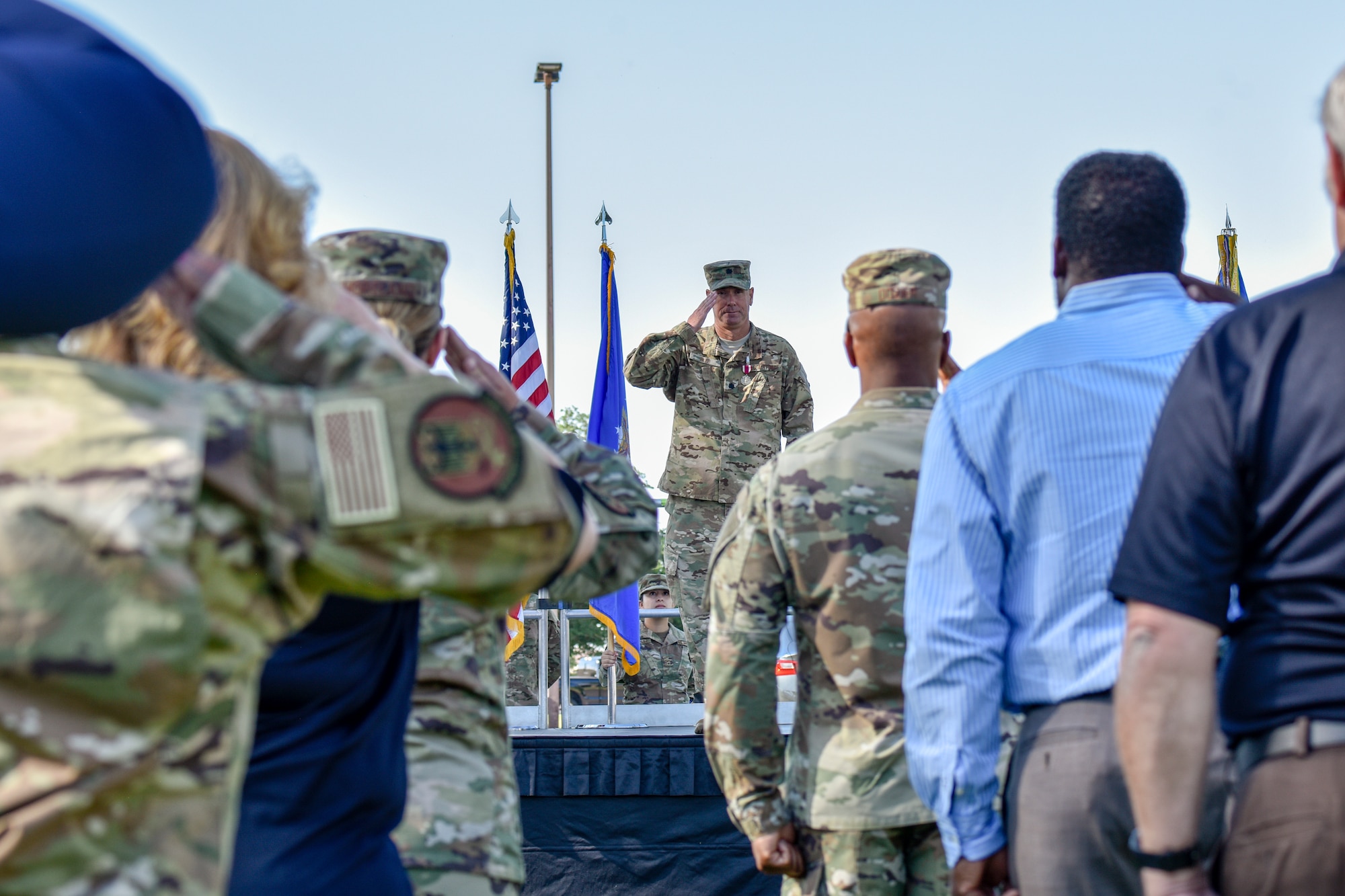 U.S. Air Force Lt. Col. Richard Reed, outgoing 377th Force Support Squadron commander, renders his final salute to Airmen of the 377th FSS in a change of command ceremony at Kirtland Air Force Base, N.M., June 26, 2019. Reed leaves the 377th FSS and joins his family in Utah where he will be the Air Force ROTC Detachment 860 commander at Utah State University. (U.S. Air Force photo by Airman 1st Class Austin J. Prisbrey)