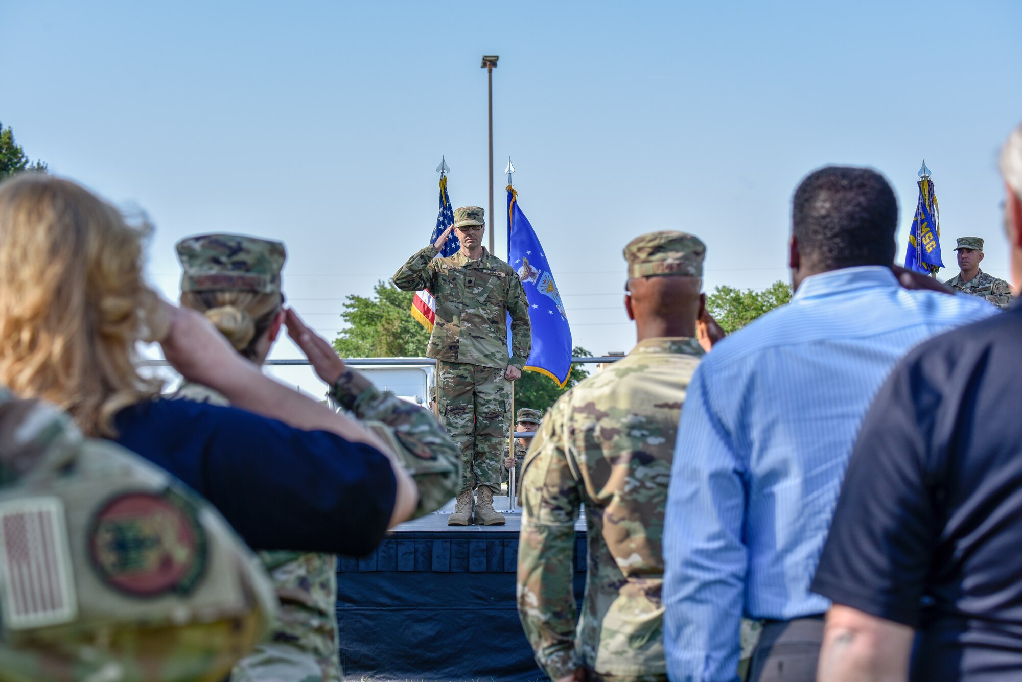 U.S. Air Force Lt. Col. Daniel Rigsbee, 377th Force Support Squadron commander, renders his first salute to Airmen of the 377th FSS in a change of command ceremony at Kirtland Air Force Base, N.M., June 26,, 2019. As the new 377th FSS commander, Rigsbee will lead over 400 military and civilian employees and continue to provide combat readiness through recruitment and development of a high quality workforce while promoting healthy and enriched lifestyles for all Kirtland personnel. (U.S. Air Force photo by Airman 1st Class Austin J. Prisbrey)