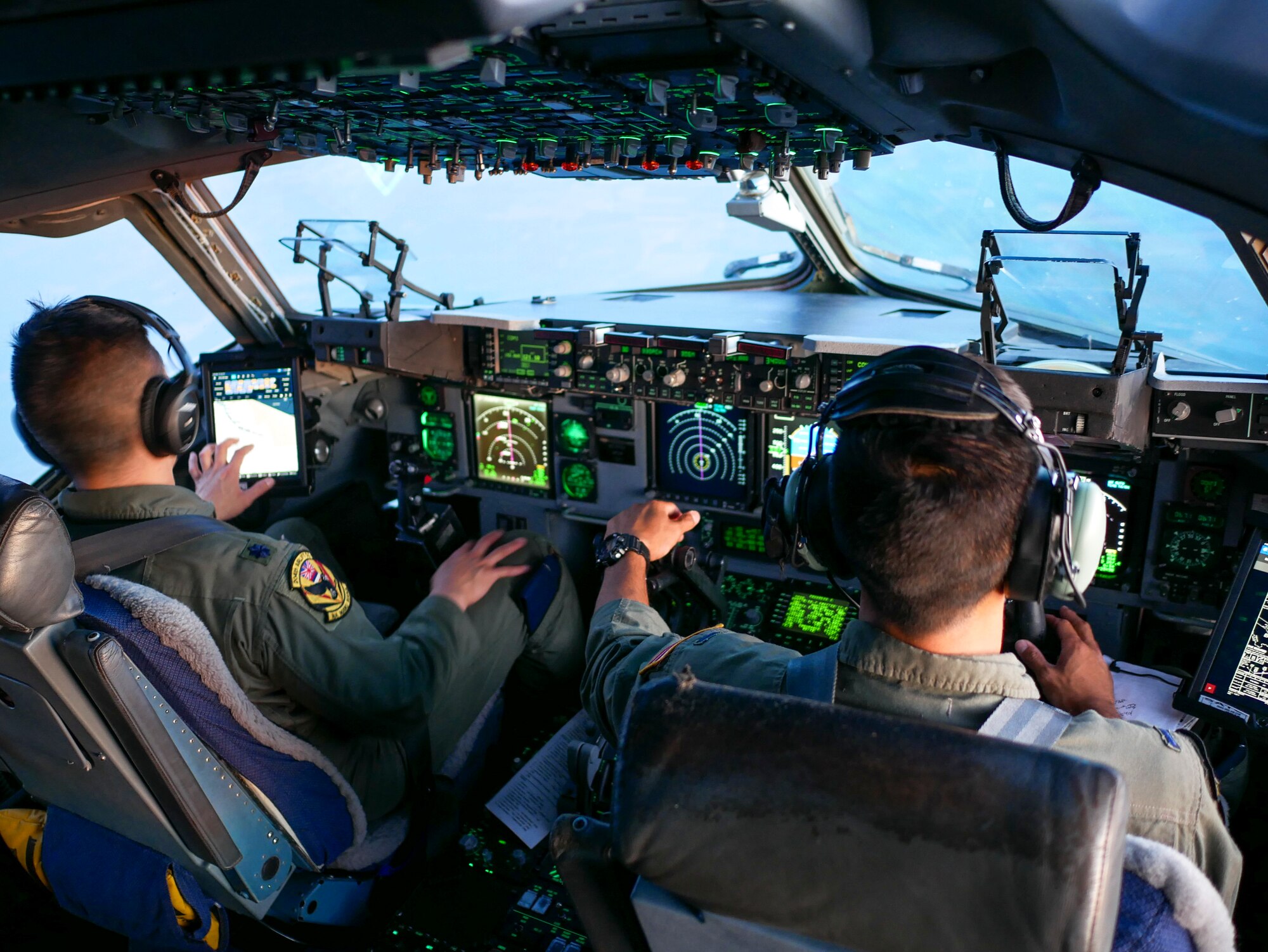 Hawaii Air National Guard pilots assigned to the 204th Airlift Squadron, fly a C-17 Globemaster III toward Ramstein Air Base, Germany, June 14 ,2019.