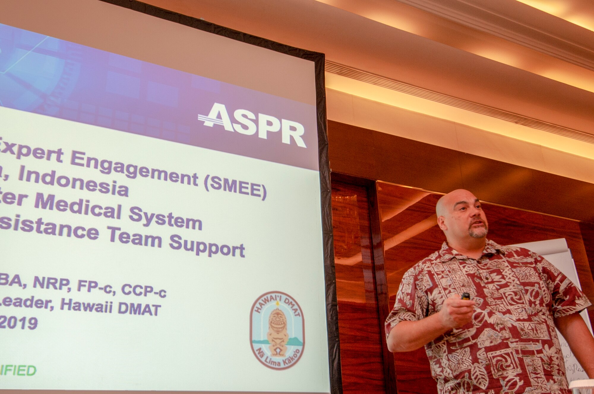 Edward Caballero, Hawaii Disaster Medical Assistance Team operations branch leader leads a discussion on crisis response operations during a Subject Matter Expert Exchange held Jun. 18, 2019 in Jakarta, Indonesia between the Hawaii Air National Guard and the Indonesian Armed Forces.