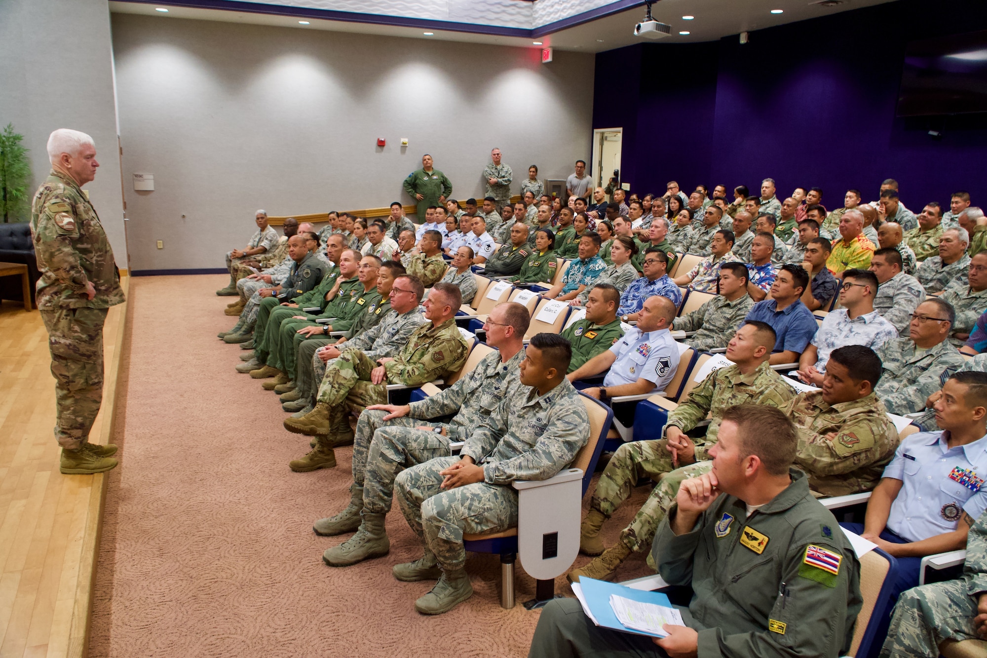 Lt. Gen. L. Scott Rice, Director of the Air National Guard, addresses members of the 154th Wing of the Hawaii Air National Guard at a town hall meeting during his two day visit on June 21, 2019 at Joint Base Pearl Harbor-Hickam.