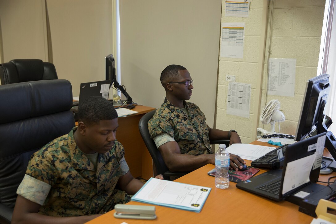 U.S. Marines with Headquarters and Headquarters Squadron (H&HS), S-1, conduct daily operations at Marine Corps Air Station Yuma Ariz., June 24, 2019. The mission of S-1 is to provide the Marines of H&HS with the highest quality and timely administrative support in the Marine Corps. (U.S. Marine Corps photo by Cpl. Sabrina Candiaflores)