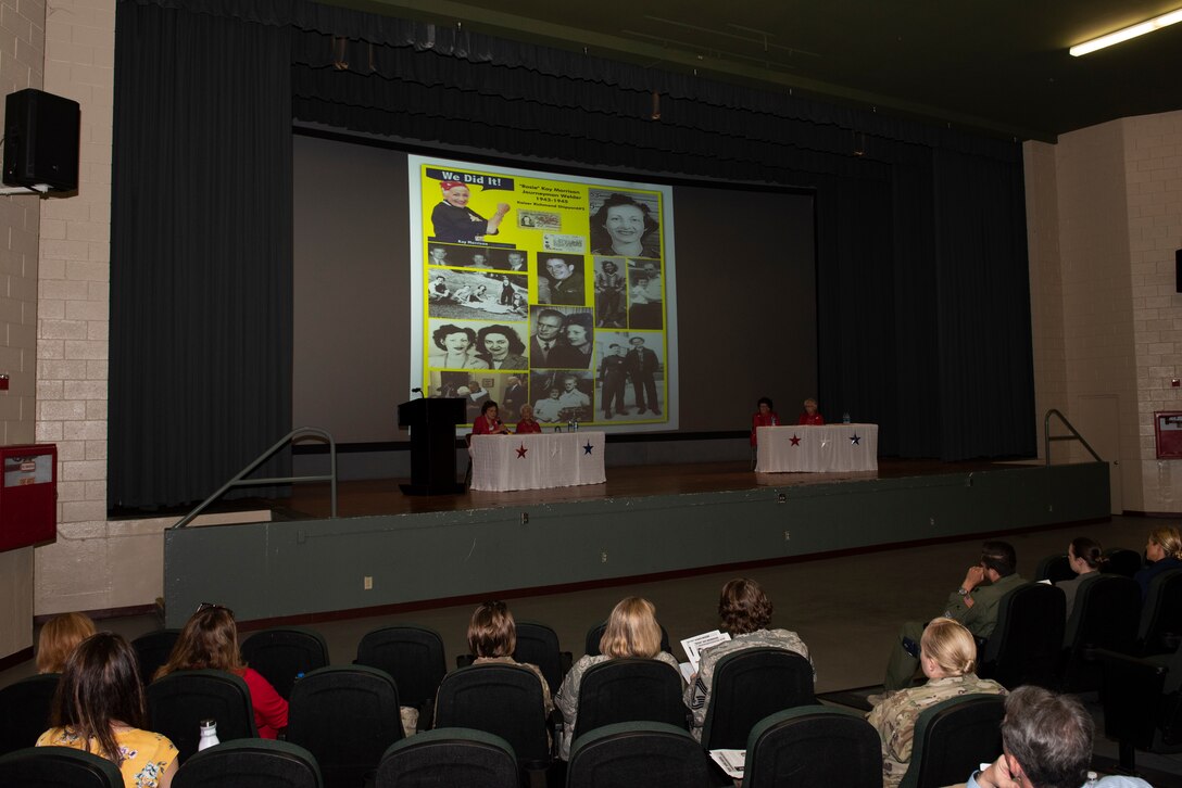 Members of Team Travis listen to a ‘Rosie the Riveter’ presentation June 25, 2019, at Travis Air Force Base, California. The presentation featured the stories of four women known as ‘Rosie the Riveter’ as they worked as welders in the Richmond, California, Kaiser Shipyard during World War II. During a visit to Travis AFB, the women met with 60th Air Mobility Wing leadership, had lunch with Airmen and shared their experiences. (U.S. Air Force photo by Tech. Sgt. James Hodgman)
